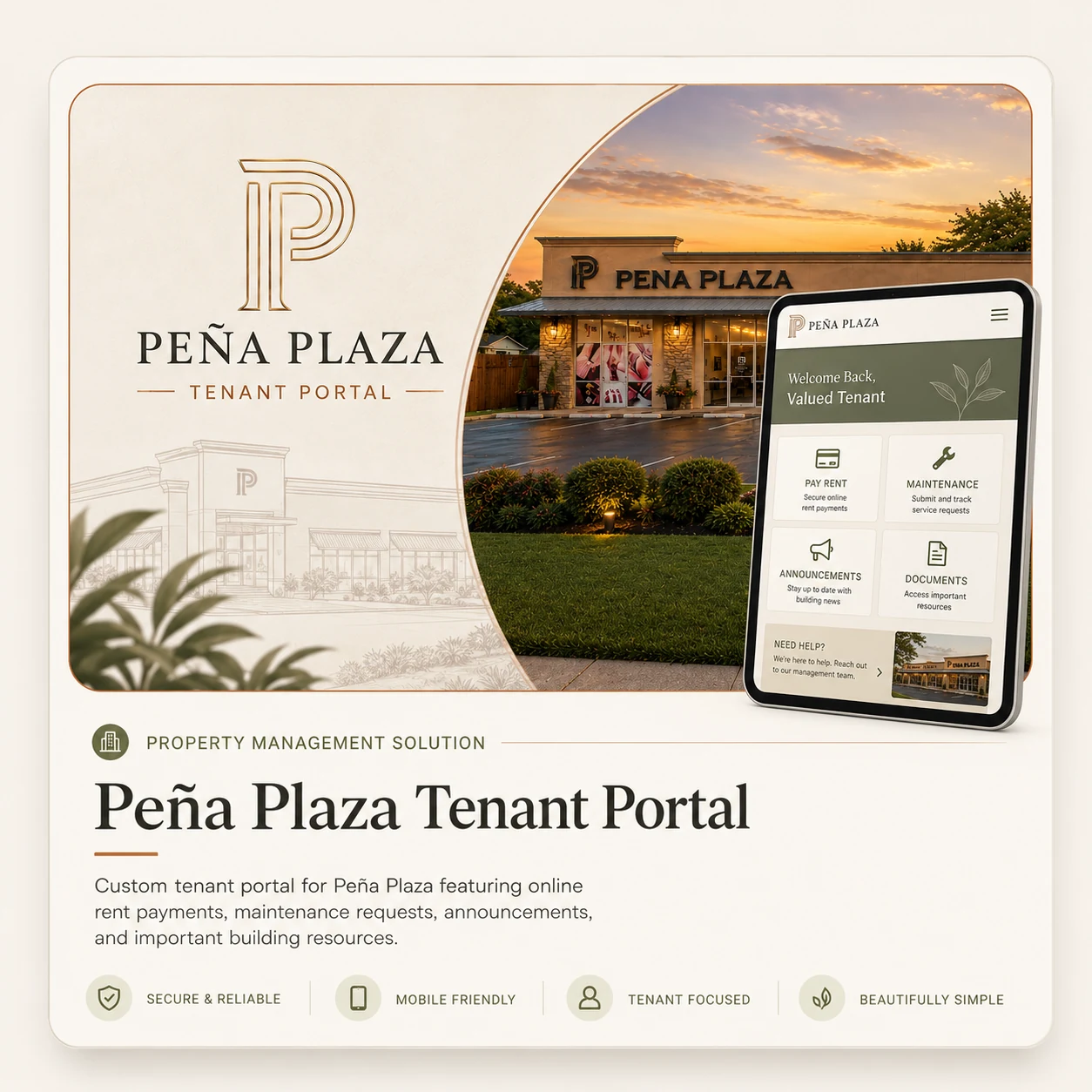 Peña Plaza Tenant Portal project preview showing the property and a mobile tenant portal interface